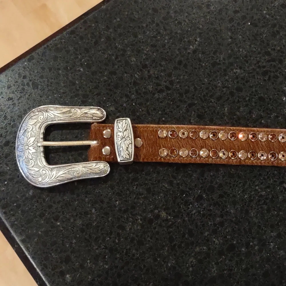 B.B. Simon | Crystal Embellished Brown Calf Hair Cowgirl Formal Western Belt